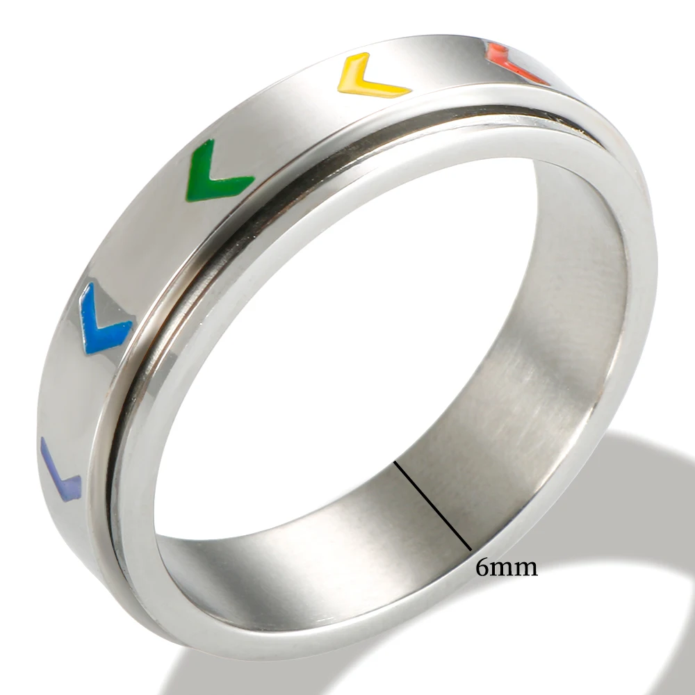 Stainless Steel 6mm Width Arrow Rotatable Rainbow Ring for Men Boy Punk Spinner Anti Stress Ring Jewelry Gift