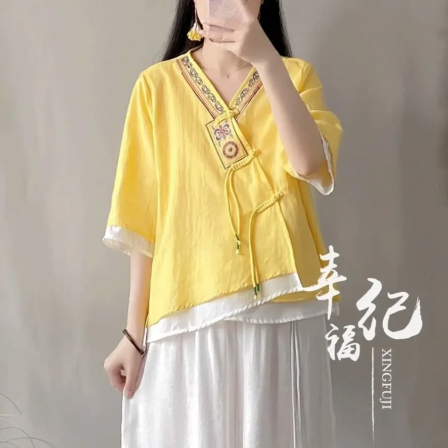 زر الموضة المطرزة نمط العرقية قميص قصير الأكمام فضفاضة القطن الكتان الرجعية الملابس الصينية التقليدية للنساء