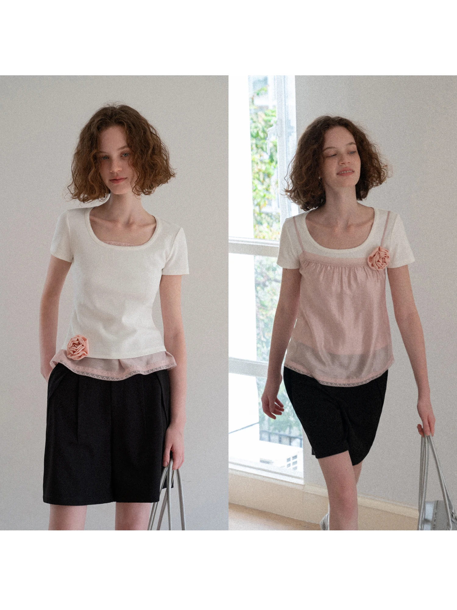 Pink Lace Trim Layered Vest Strap Women Summer Thin Outerwear Top EGGKA Straight Cut Style Pure Color Daily Wear