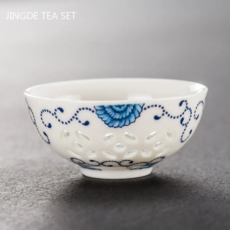 Ceramic Honeycomb Hollow Teacup Blue and White Porcelain Transparent Master Cup Tea Set Accessories Chinese Portable Tea Cup