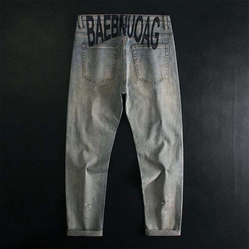 

Street trend printed jeans for men, slim fit straight leg elastic high-end fashion personality trend long pants