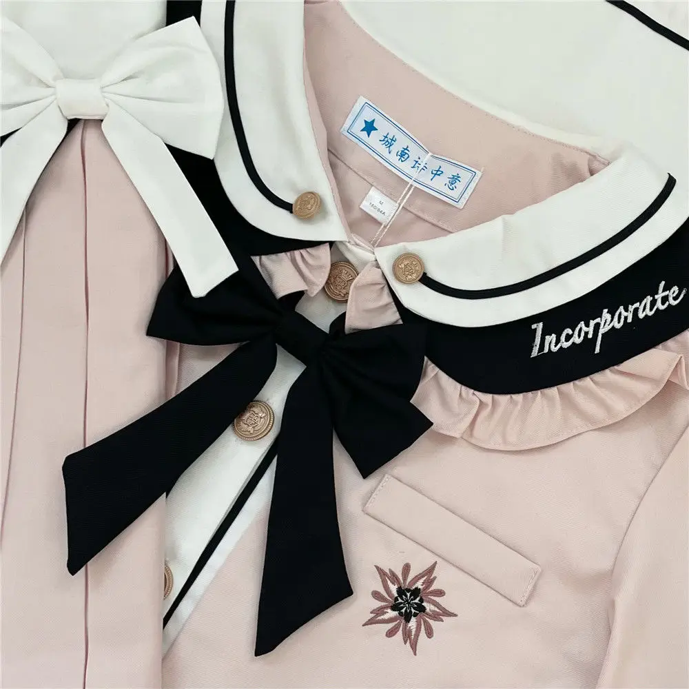 Originele Roze Strik Geborduurde Pofmouwen Jk Uniform Met Veiligheidsbroek Dames Schattig Roze Meisje Schooluniform Geplooide Rok 2xl