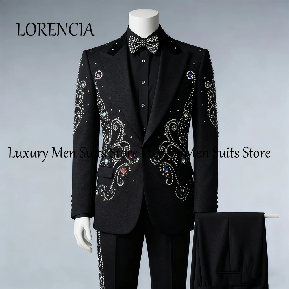 

Formal Crystal Suits for Men 2 Pieces Jewelry Tuxedos Set Evening Party Outfits Male Prom Customized Blazer Pants ropa hombre