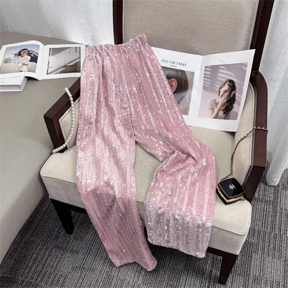 

Sequins Pants Women Elastic High Waist Glitter Loose Wide Leg Trousers Vintage Fashion Full Length Shiny Straight Pant Female