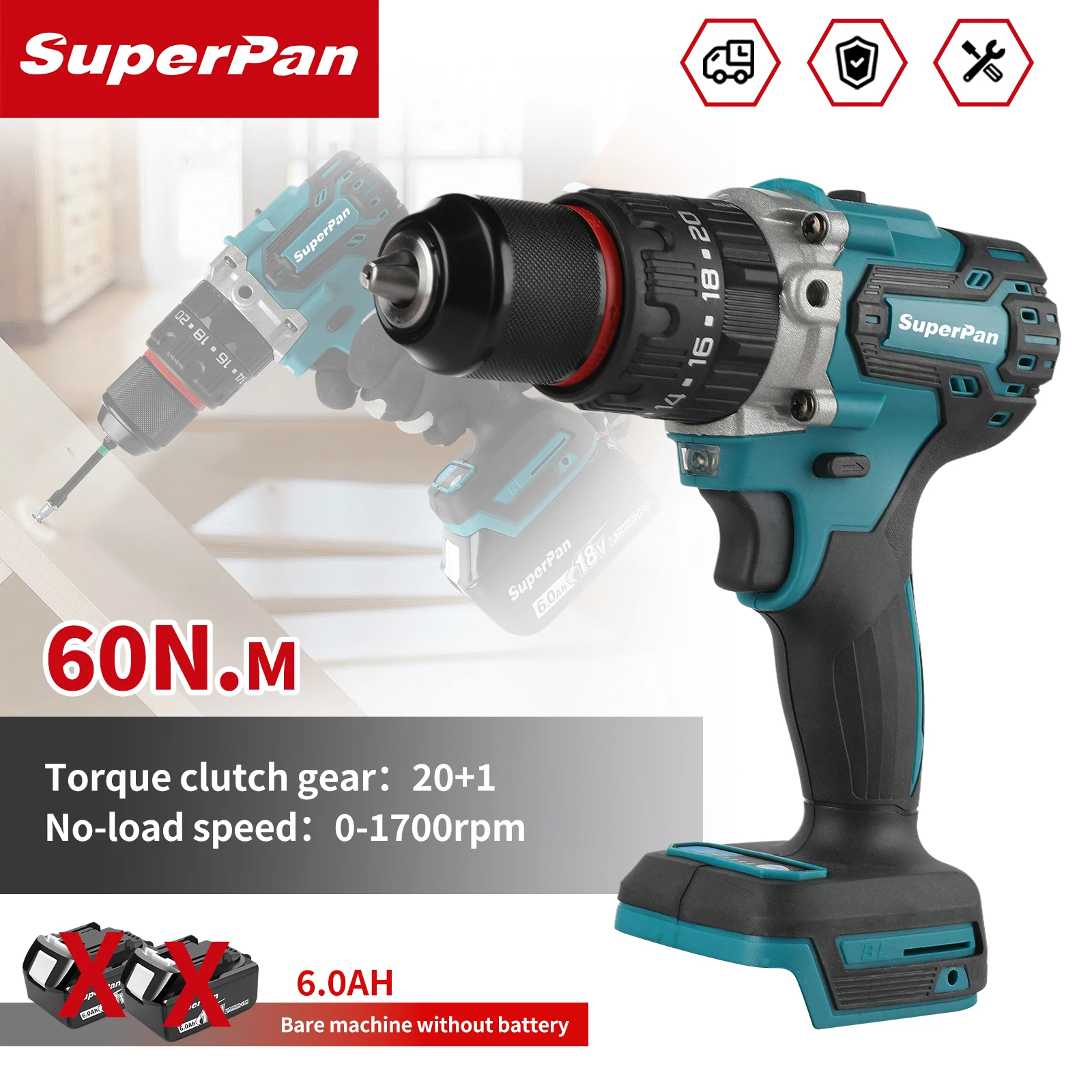 

Brushless Lithium Electric Driver SiperpanDDF487, Drill Screwdriver for Makita 18V Battery pin, Lightweight Home DIY Tool