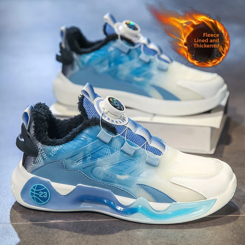 Pu'er Men's Winter Running Shoes Anti-slip Shock-absorption Fleece-lined Rotating Button Sports Sneakers Trendy Dad Shoes