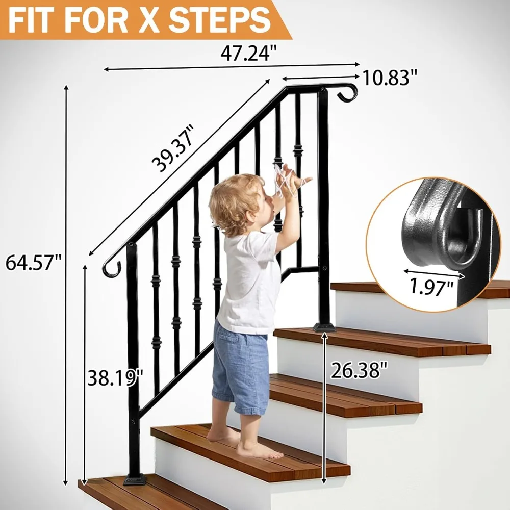 2 Pack 4 Step Handrails for Outdoor Steps, Wrought Iron Stair Railing, Metal Hand Railing with Installation Kit, Staircase Handr