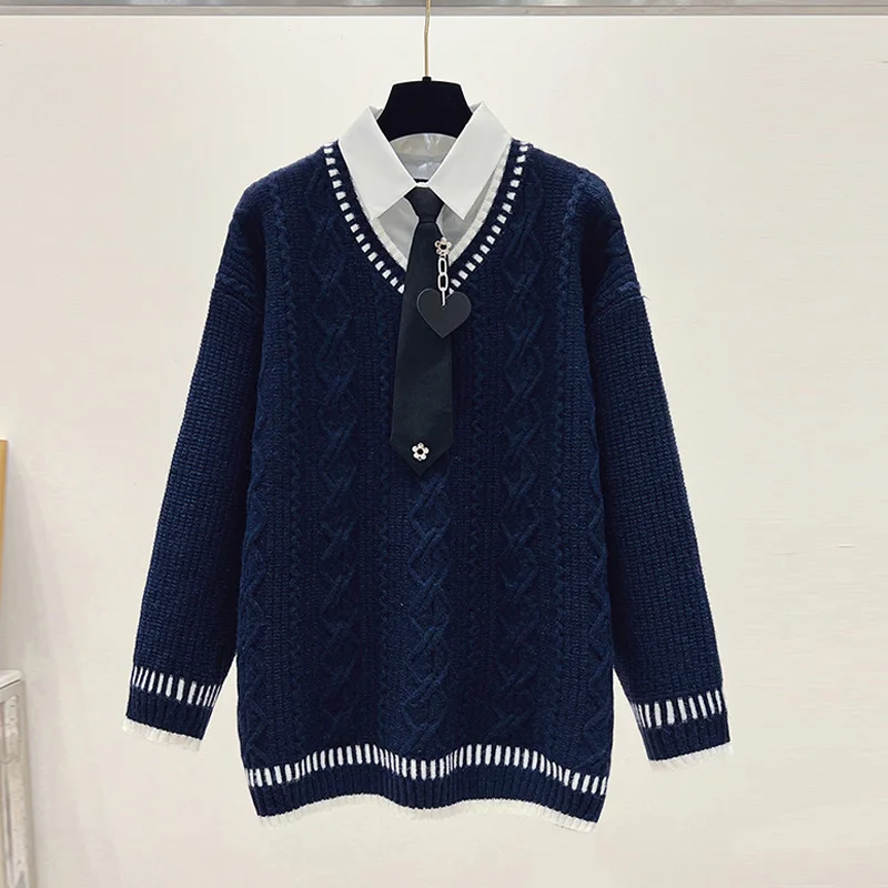 

Autumn Winter Preppy Style Navy Sweater Women Polo Collar Knitted Pullover Loose Korean Fashion Casual Slim Harajuku Sweater