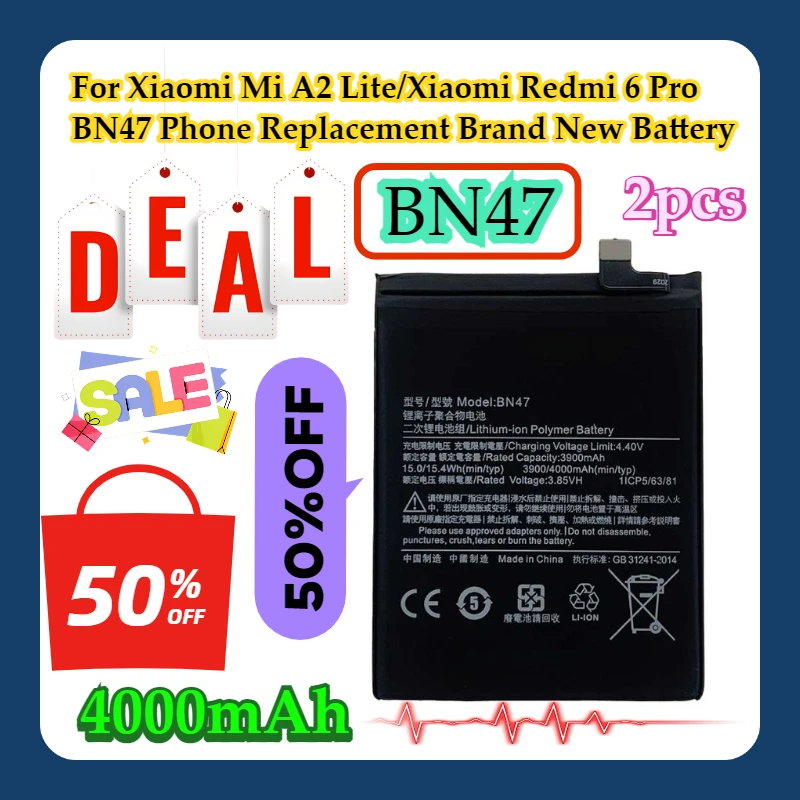 

2pcs For Xiaomi Mi A2 Lite/Xiaomi Redmi 6 Pro BN47 Phone Replacement Brand New BN47 4000mAh Battery