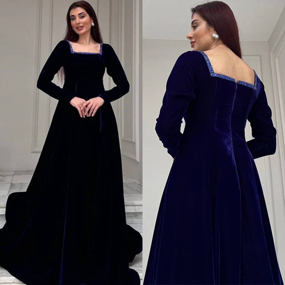 

Customized Formal Blue Velour Homecoming Dresses Square Collar Long Sleeves Evening Gowns High Quality Special Occasion Gowns