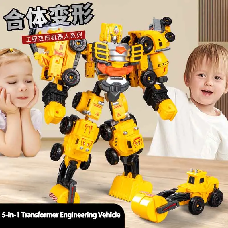 Nieuwe 5 In 1 Simulatie Technische Voertuigen Transformeren Robot Speelgoedmodel Creatief Kinderpuzzel Geassembleerde Ensemble Robot Speelgoed