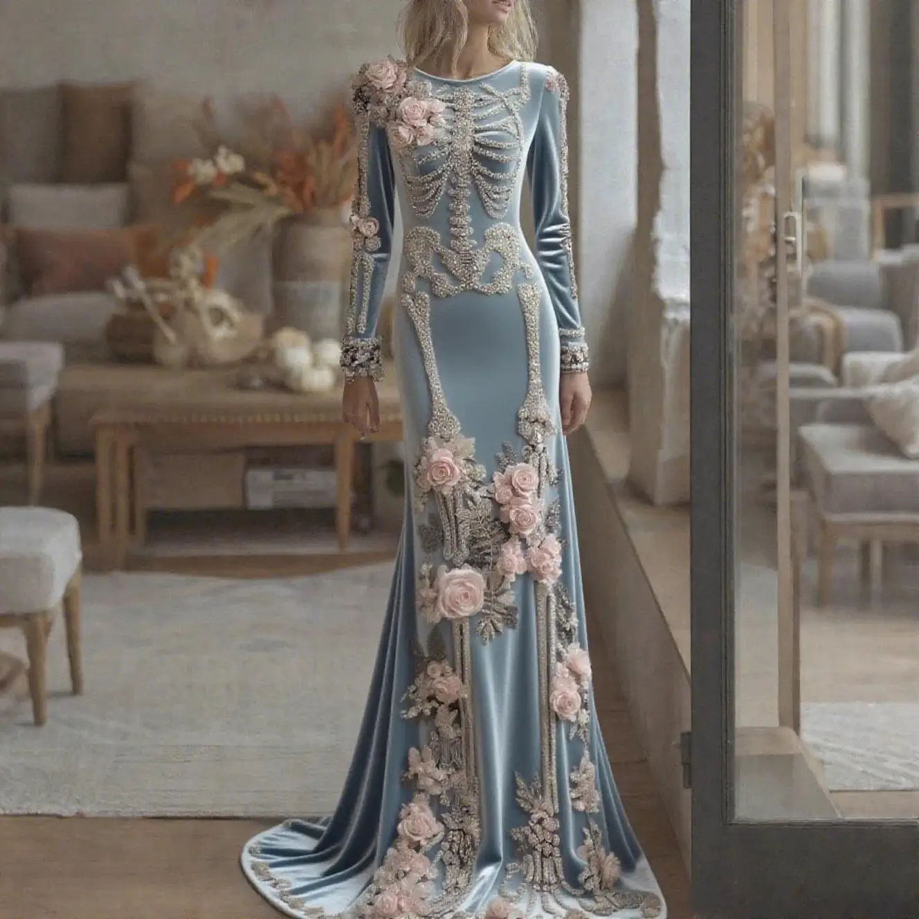 2026 New Women Skeleton Floral Mermaid Maxi Dress Elegant Celebrity Long Sleeve Gothic Halloween Evening Party Gown view 3