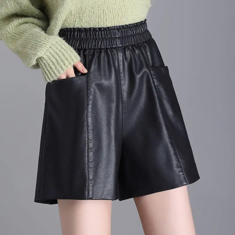 Autumn Winter 2024 High-waisted Pu Leather Slimmings Shorts Women's Loose-fit Wide-leg Boot Pants Versatile Korean Style M64