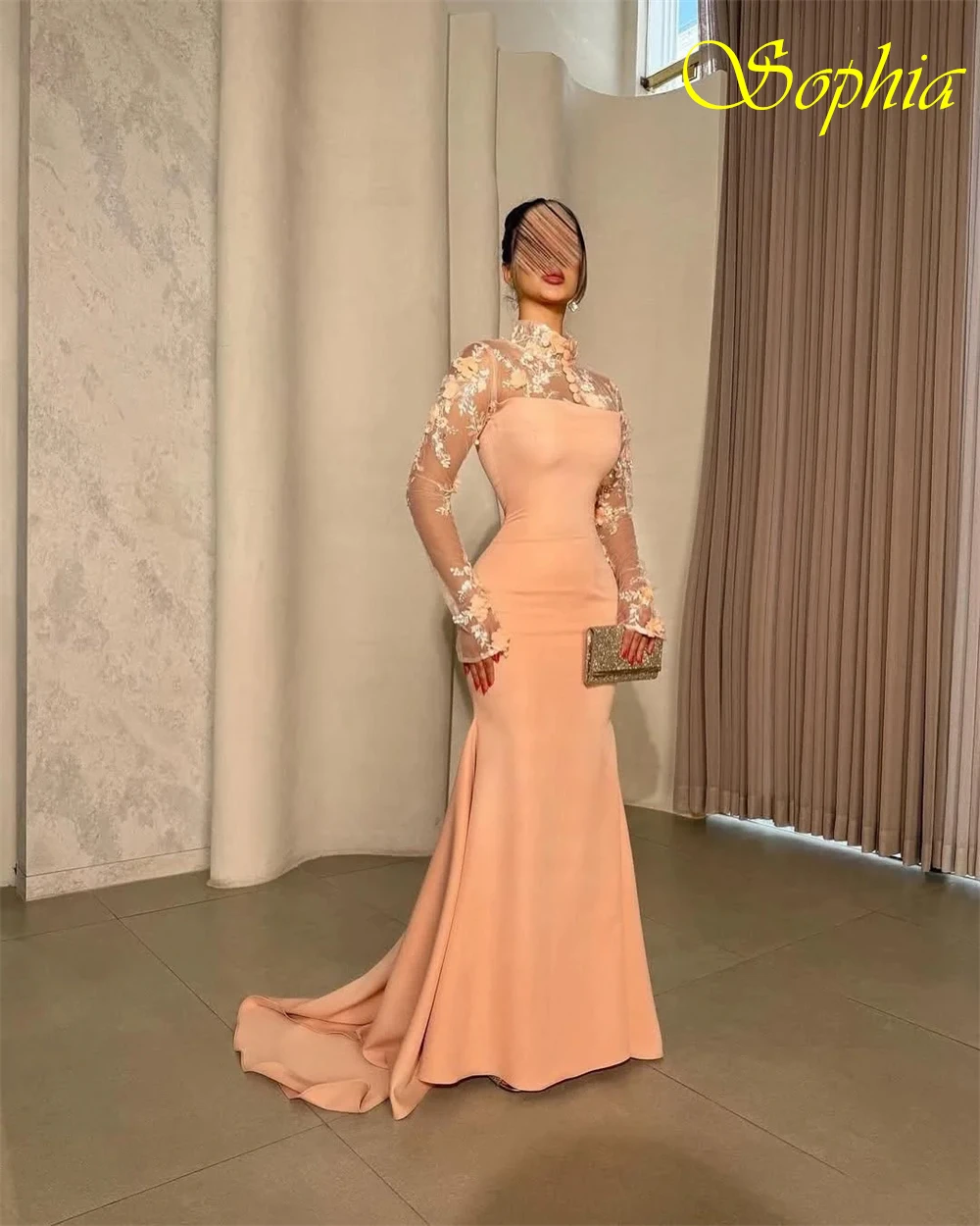 فستان سهرة أنيق من الجيرسيه الوردي مخصص كلاسيكي برقبة دائرية وأكمام طويلة فساتين المشاهير الرسمية حورية البحر مزينة بالحفلات