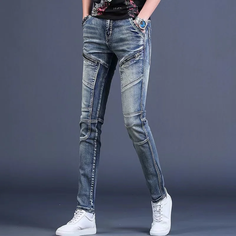 

Men's Slim Fit Jeans Autumn Style Korean Fashion Versatile Washed Retro Long Trousers Casual Youth Popular Medium Waist Zipper