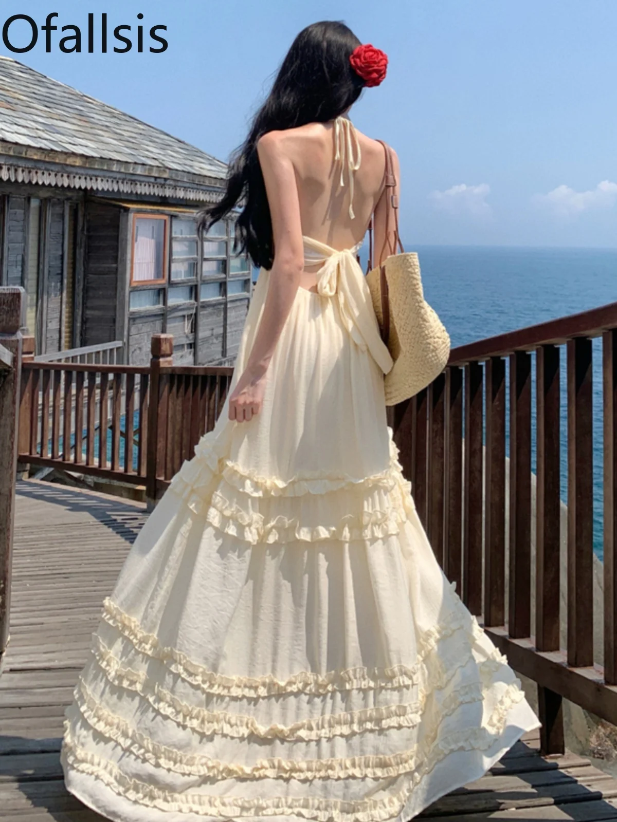 Ofallsis Vacation Style Sexy Hanging Neck Strap Dress 2024 Summer New Women's Ear Edge Open Back Tie Beach Photo Long Dresses