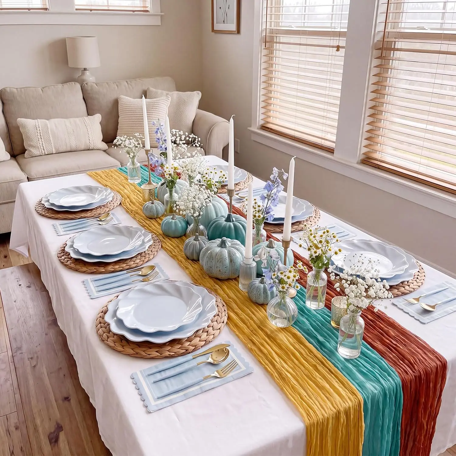 3pcs Cheesecloth Table Runner Teal Yellow Gauze Rustic Boho for Thanksgiving Wedding Baby Shower Harvest Home Party Decoration