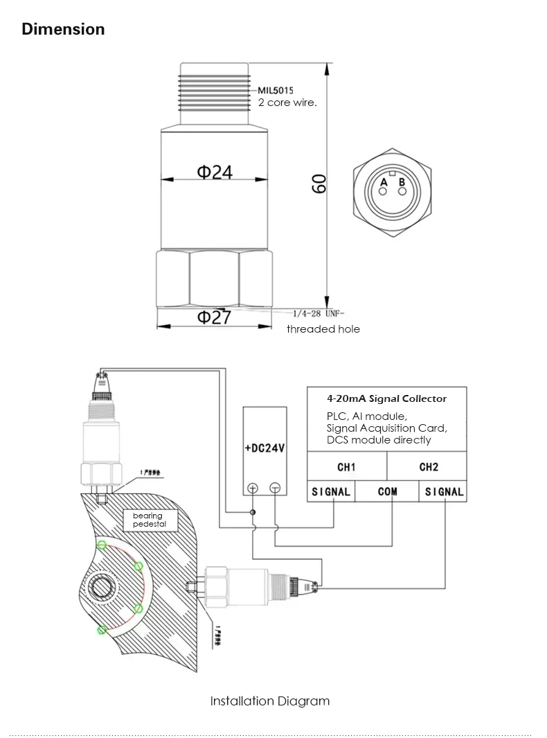 wholesale 0 - 20mm/s vibration sensor supplier. 4-20ma analog Piezoelectric vibration sensor for turbine vibration monitoring