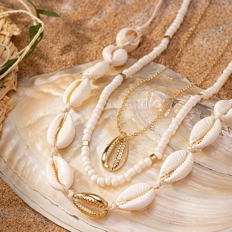 Multilayered Rice Bead Shells Necklaces Set Women Jewelry Summer Beach Choker Boho Rope Beaded Handmade Collar Female Necklaces