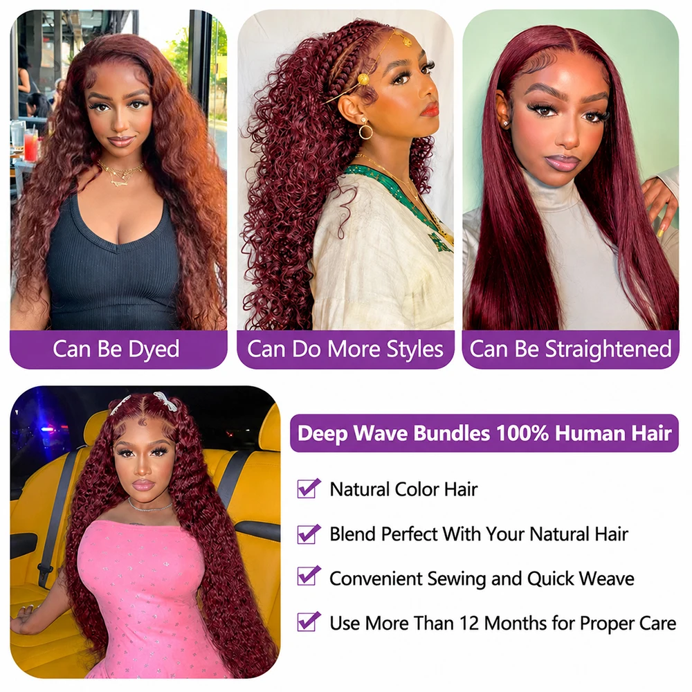 15A Deep Wave Human Hair Bundles 99J Burgundy Bundle Hair 100% Brazilian Virgin Hair Extensions Kinky Curly Ponytail Human Hair view 6