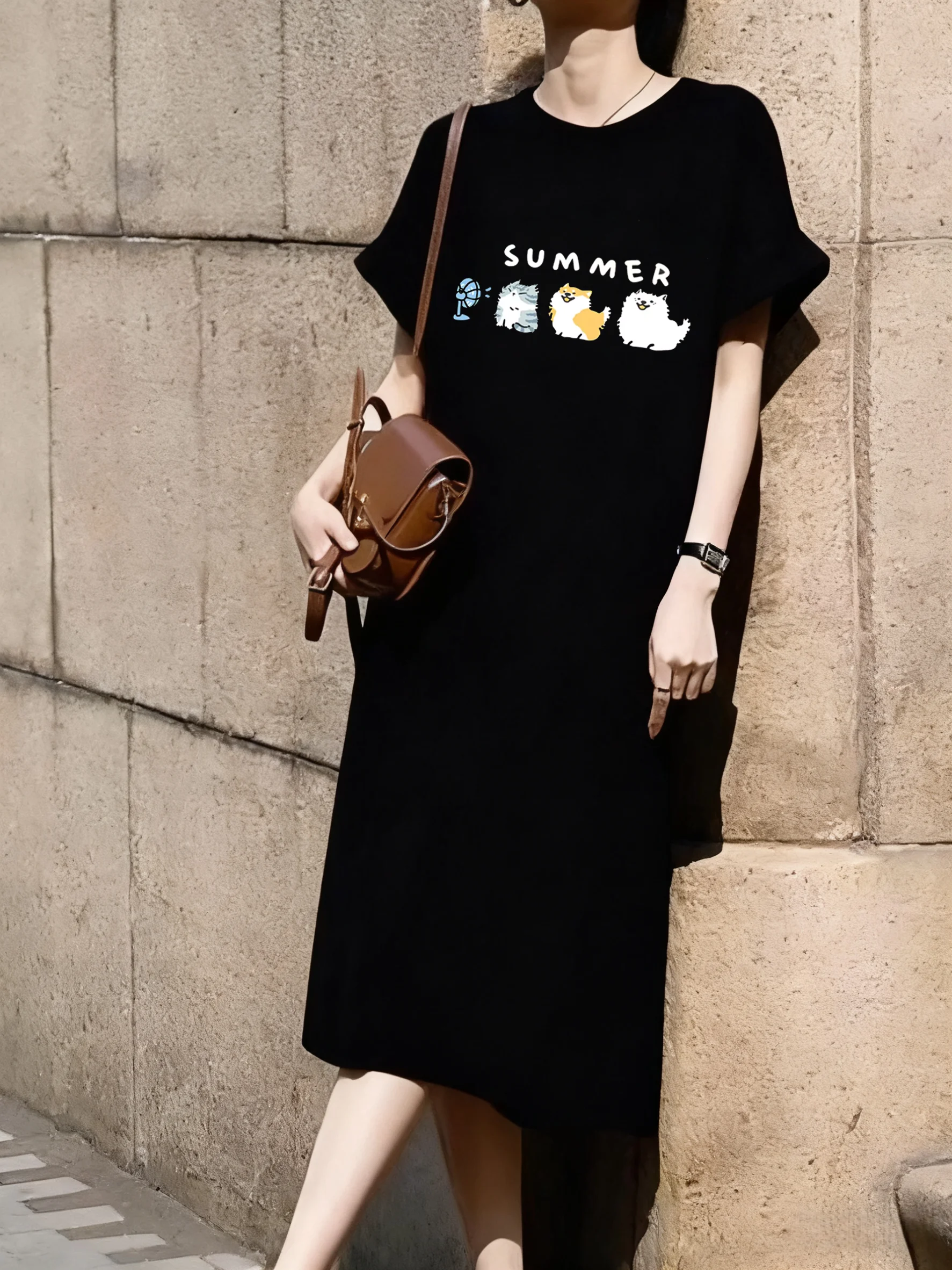 

Cats and Dogs Blowing Fans Animal Pattern Print Short Sleeved Dress Mid Length Over Knee Dress Vintage Leisure Women's Long Tees