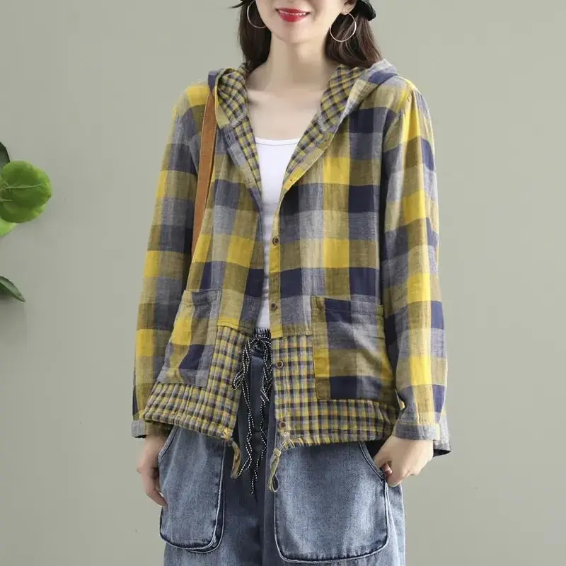 Vintage Printed Spliced Shirring Pockets Hooded Plaid Shirt Women\'s Clothing 2023 Spring Autumn New Casual Tops Korean Blouse