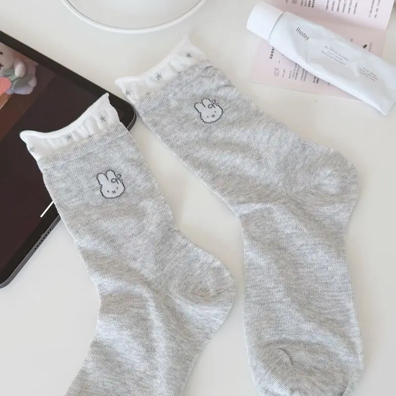 Cute Miffy Crew Socks for Girls, Summer Thin Mesh, White & Gray Cartoon Style view 6