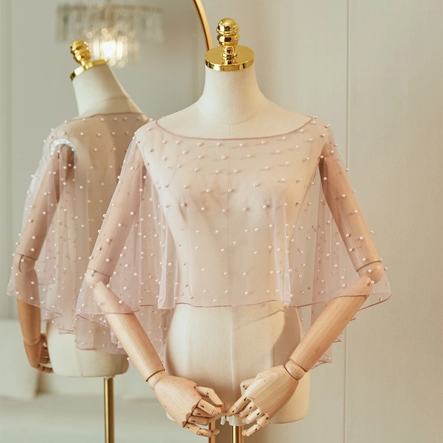 Aksesori pernikahan keluaran baru jubah pengantin Bolero jubah pengantin mutiara jubah pernikahan pendek depan belakang panjang wanita syal bungkus malam