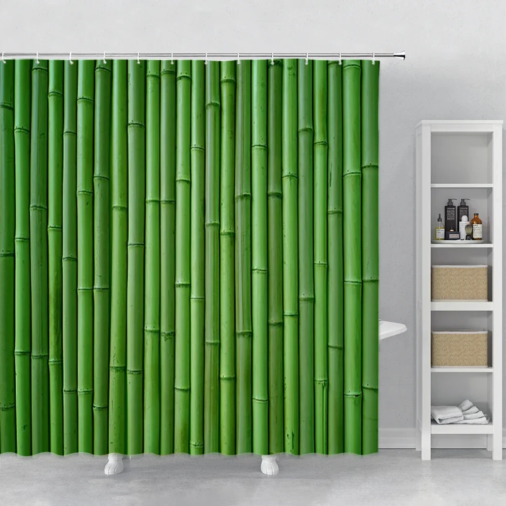 Zen Stone Green Bamboo Shower Curtains Lotus Stream Spa Landscape Bathroom Waterproof Bath Curtain Fabric Home Bathtub Decor