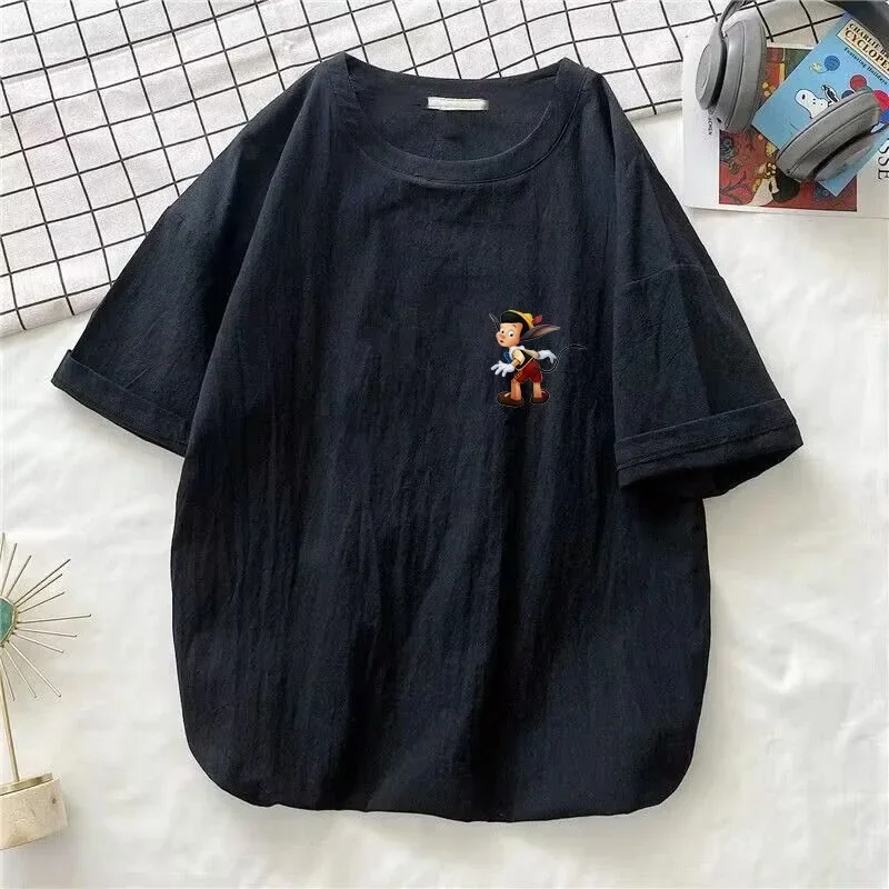 Cartoon Pinocchio Washed Cotton T Shirt For Men Streetwear Short Sleeve Tshirts Men Women Summer Clothing T-shirt Tees Tops