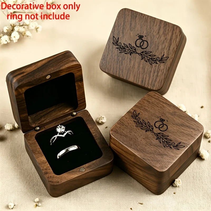 2D Wooden Jewelry Ring Box Pattern Design Airtight Vault Engagement Wedding Couple Jewelry Storage Box Keepsake Gift 1PCS