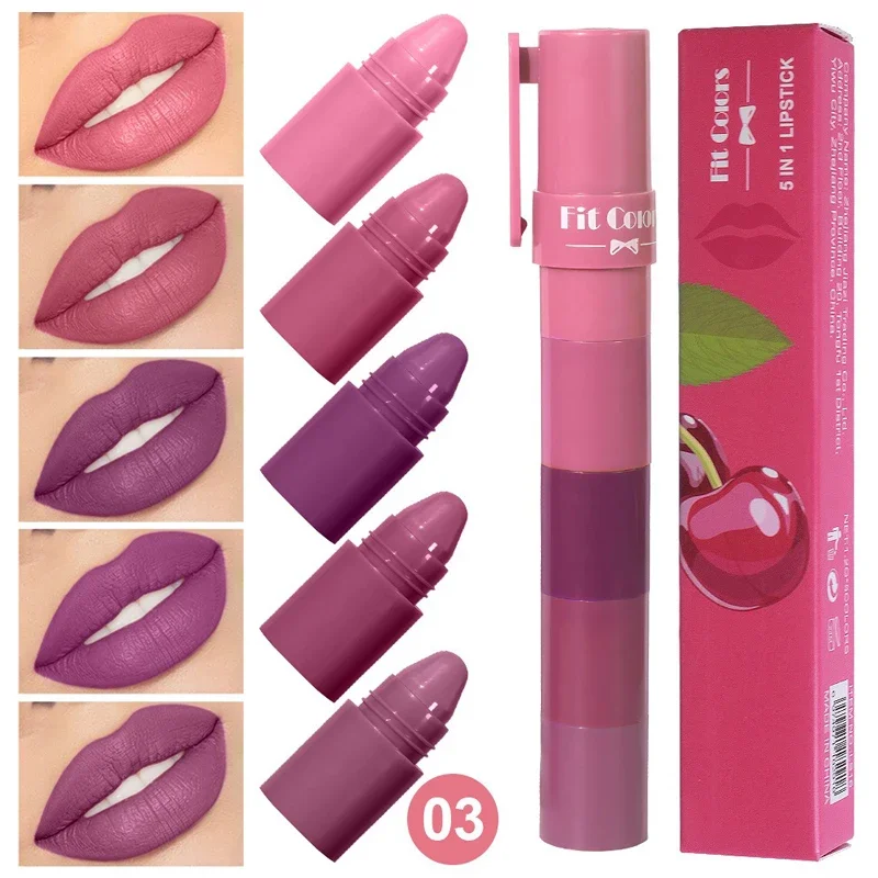 5-in-1 Matte Lippenstift Crayon Kit Combo Rot Lila Lippentönung Samt Sexy Mehrfarbiger Lippenstiftstift Stift Antihaft-Cup Langlebiges Lippen-Make-up