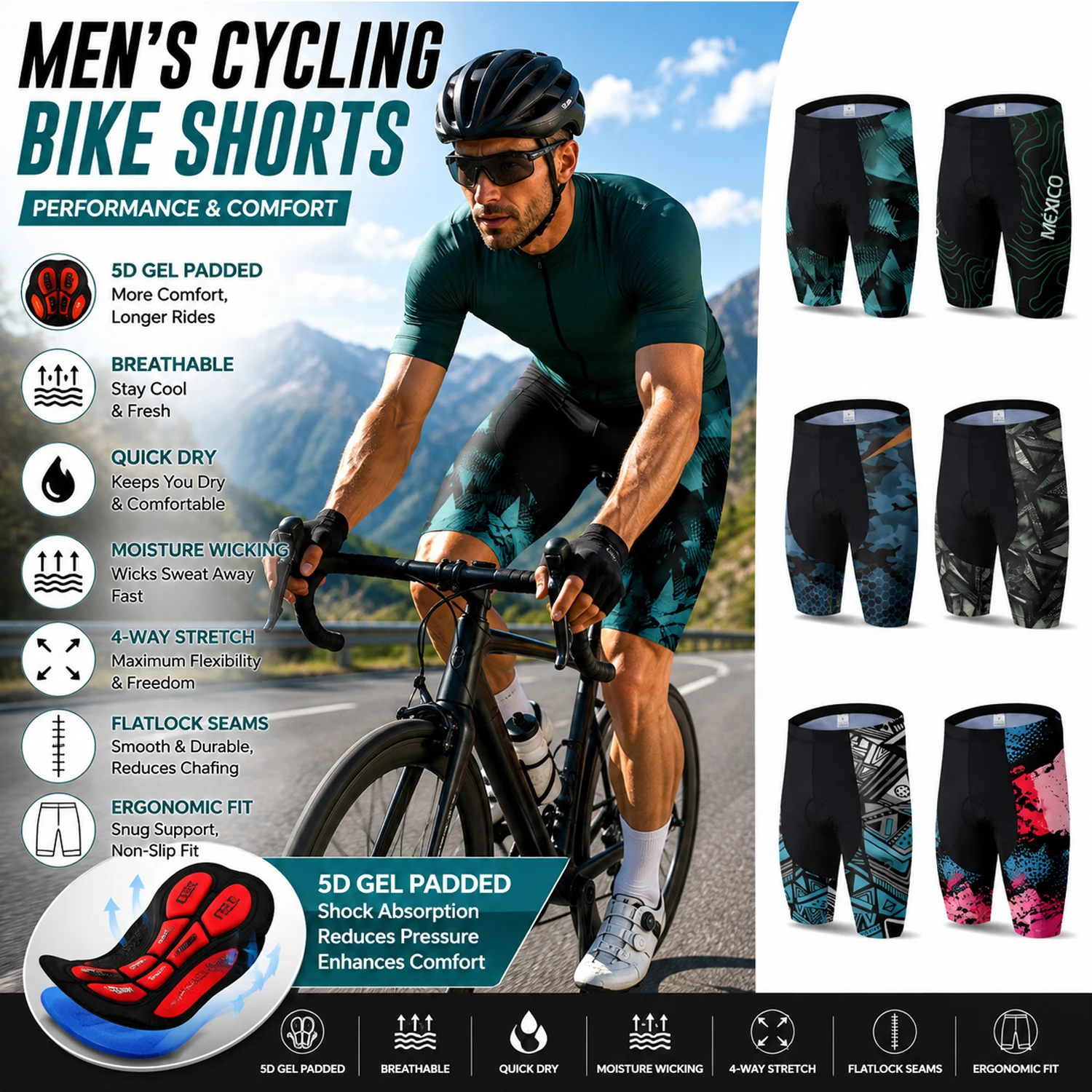 Padded Cycling Shorts 5D Gel - 남성용 프로 사이클링 빕 쇼츠 –