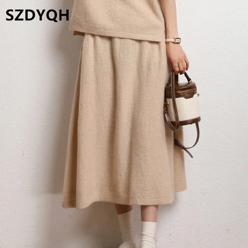 High-end 2023 Autumn and Winter New 100% Cashmere Skirt Women's High Waist Skirt Female Fashion Solid Color A Word Knit Skirts