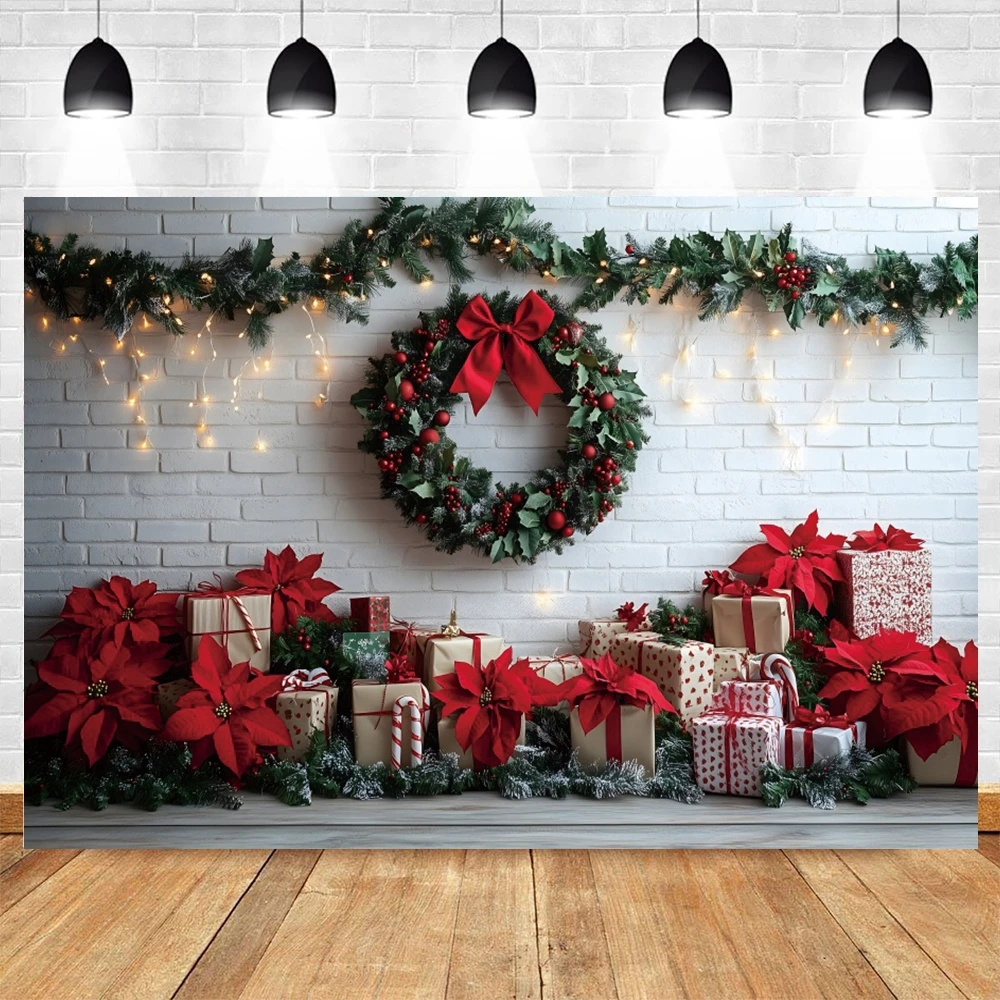 Winter Christmas Backdrop White Brick Wall Xmas Tree Wreath Gift Christmas Home Decoration Family Party Photography Background