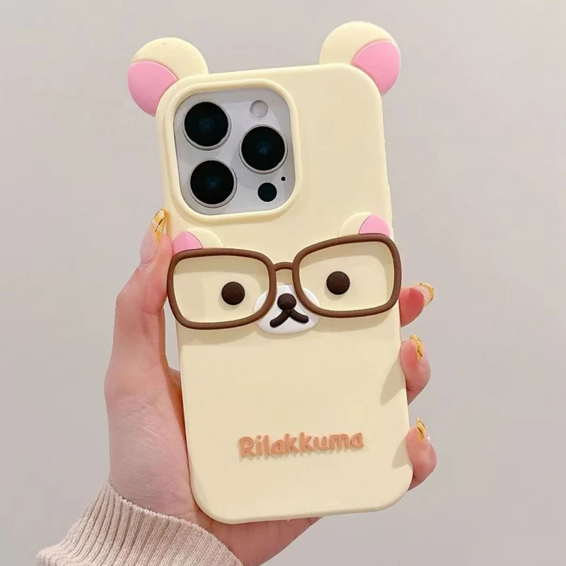 For iPhone 4S 5 5S 15 Plus 16 Pro Max 14 Pro 13 12 11 7 8 SE 6S 17 3D Glasses Rilakkuma Cartoon Silicon Soft Phone Case - náhled 2