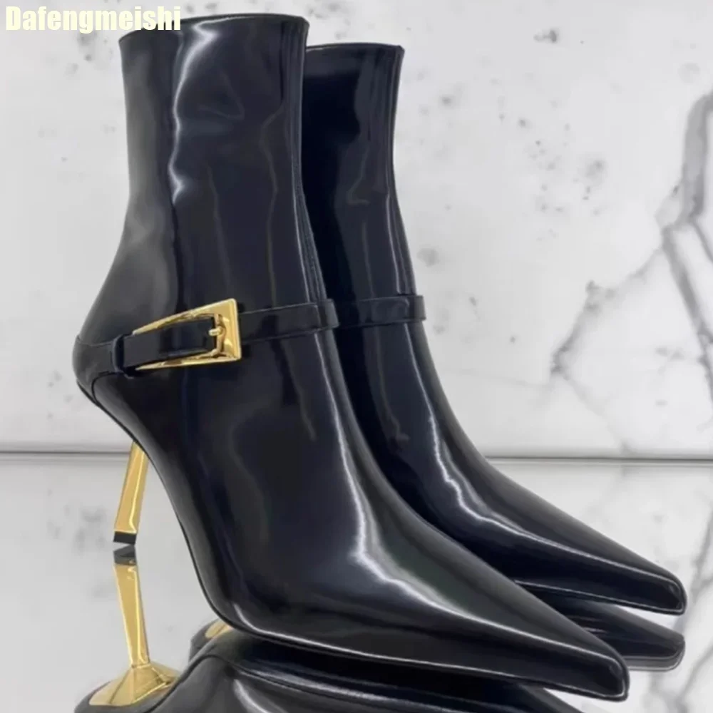 

High Heeled Ankle Boots Women Fashion 2025 Spring New Style Metal Stiletto Pointed Patent Leather Side Zipper Black Fashion Boot