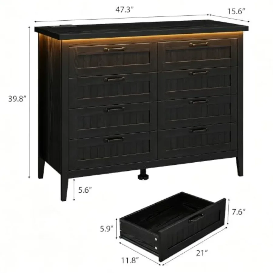 47.3'' Black 8 Drawer Dresser for Bedroom Use, MDF Wood, Black, Built-in Charging Station LED Lights
