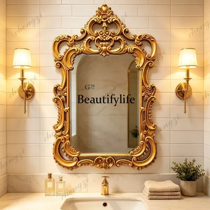R French retro bathroom mirror European bathroom mirror, wall-mounted carved makeup, living room entrance decorative mirror