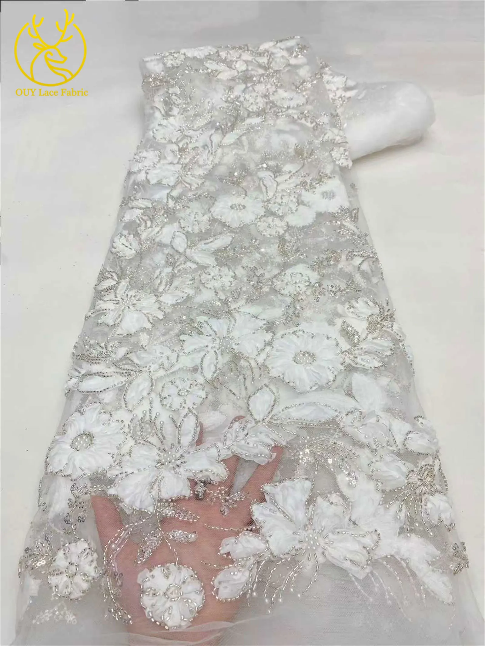 Africa 3D Flower Embroidery Lace Fabric 2025 Hot French Sequins Beaded Embroidery Groom Nigerian Bridal Tulle Lace Fabrics