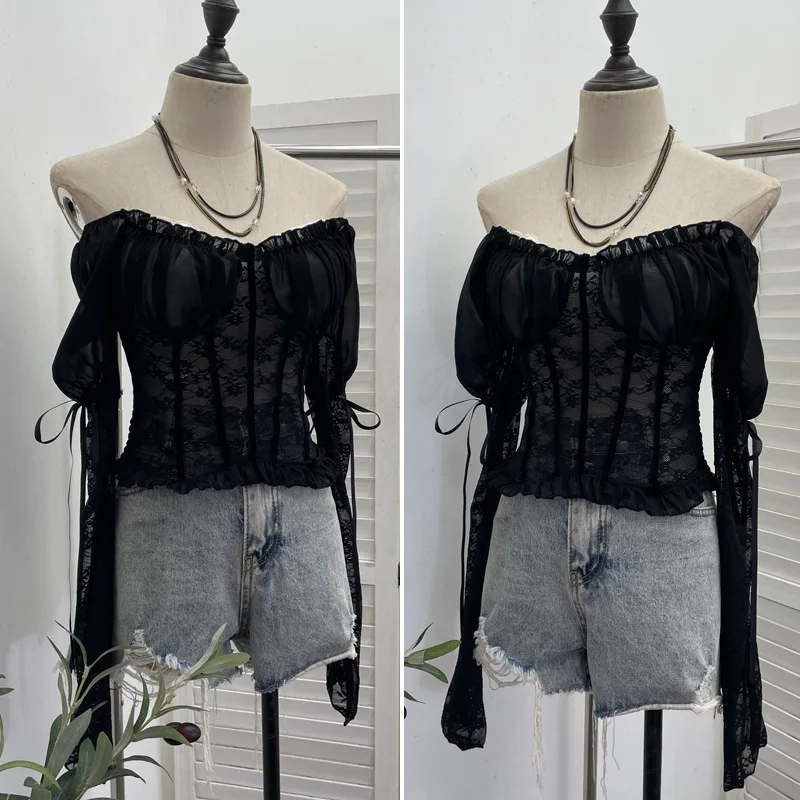 Women's Cutout Sheer Lace Long Sleeve Top Sexy Color-Block Mesh Padded Bust Off-Shoulder Cropped Blouse Clubwear Streewear 9652