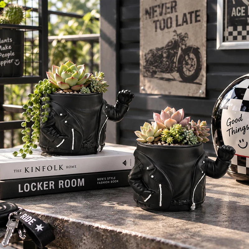 Punk Biker Coat Resin Succulent Planter Fist Figurine Mini Flower Pot Desktop Balcony Greenery Container Home Decor Gift