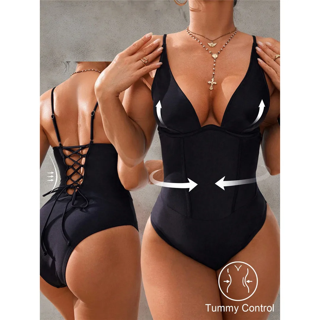 Black Corset Boned One Piece Bathing Suit For Women Tummy Control Deep V Push Up Lace Up Back Adjustable Thin Straps Pool Spa