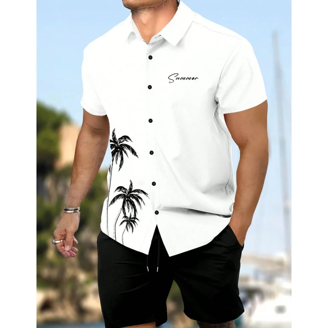 Summer New Men's Short Sleeve Shirt Shorts 2 Piece Set Fashion Coconut Tree Printing Lapel Shirt Beach Drawstring Shorts Set top