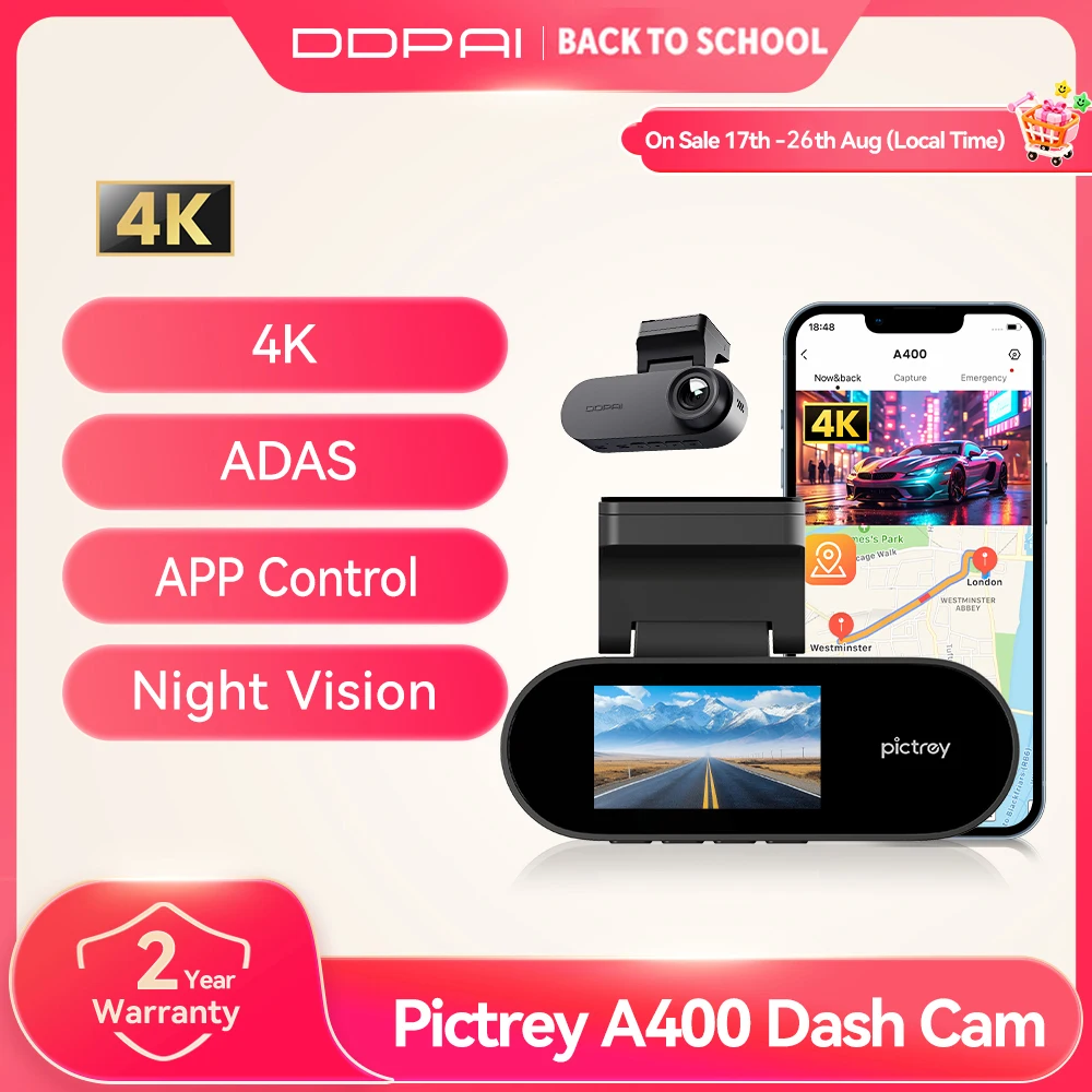 Pictrey A400 4K Dash Cam Integrierte ADAS Wi-Fi Dash Auto Kamera mit 1,9'' IPS Bildschirm Unterstützung Parkplatz Monito Nachtsicht Auto DVR