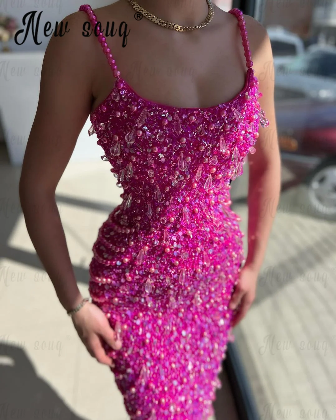 

Hot Pink Full Pearls Spaghetti Straps Party Dress Arabic Glitter Sequins Birthday Party Wear Wedding Ceremony Dress Custom Made