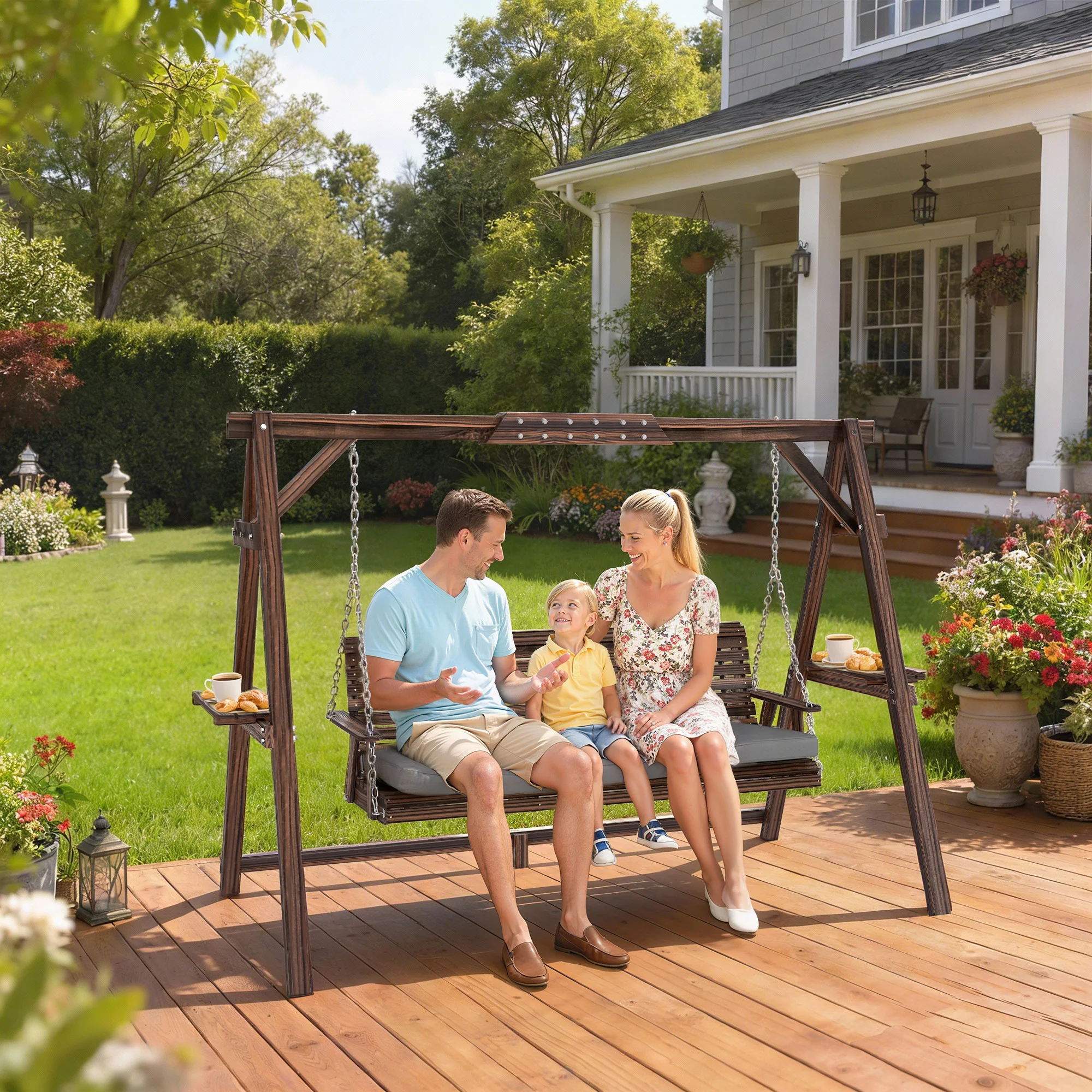 Outsunny 3-Seater Patio Swing with Cushions and Side Tray, Carbonized Brown