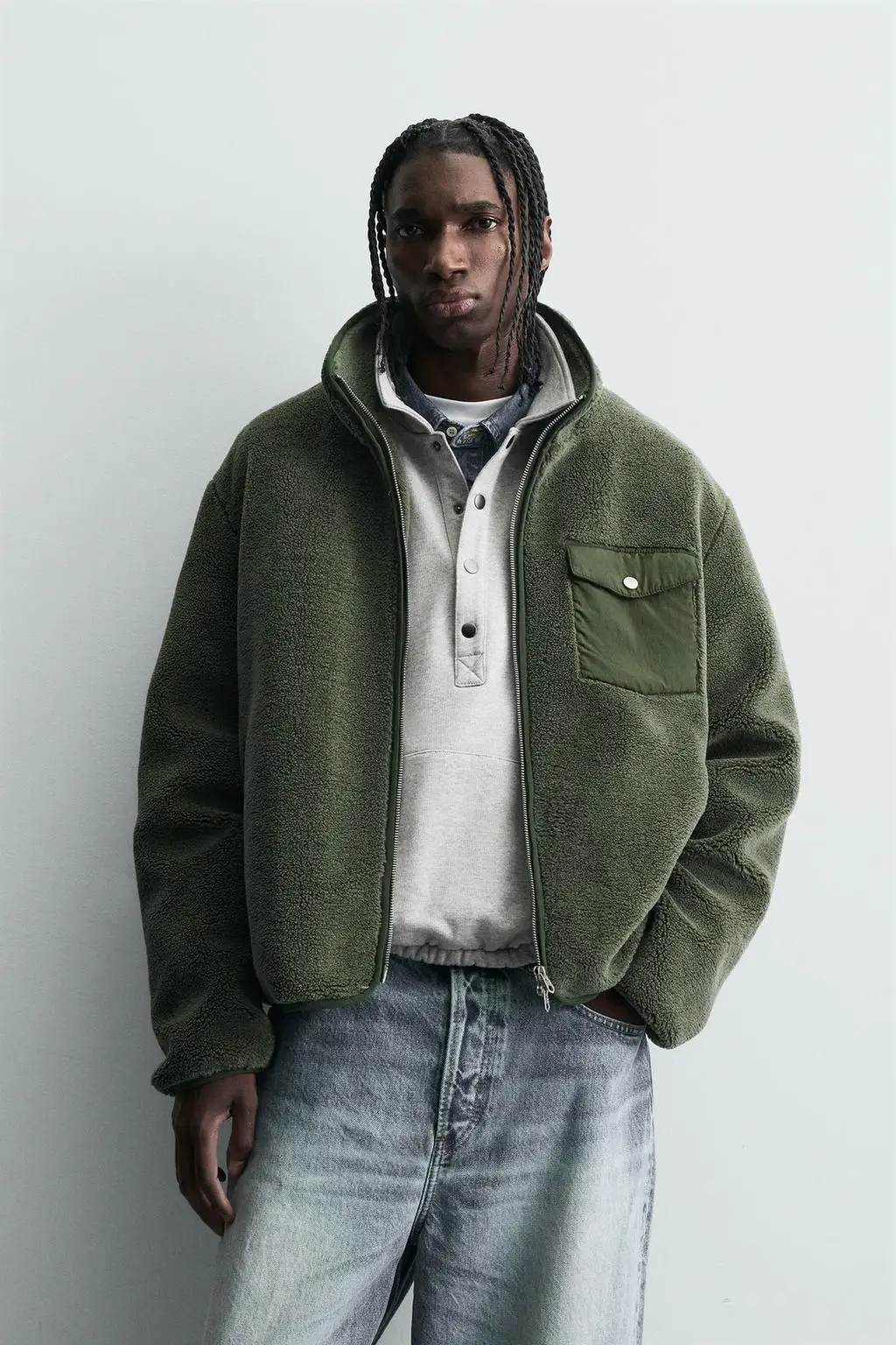 

Men's Casual Style Jacket Stand Collar Composite Fake Lamb Velvet Effect Cotton Clothes Long Sleeve Zipper Closure Color