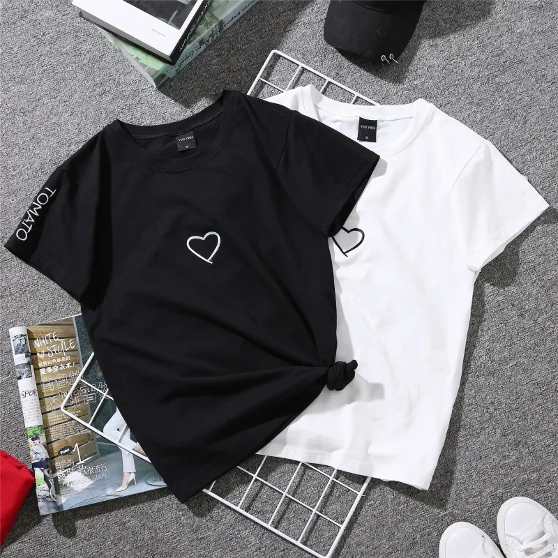 2024 Simple and versatile Hong Kong style T-shirt women's embroidery love summer dress half-sleeved new letter couple wear