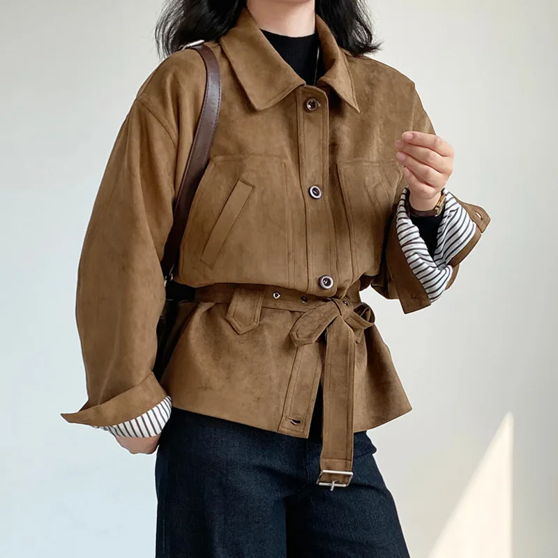 HKSH Frühling Herbst Neue frauen Verdicken Jacke Faux Wildleder Gürtel drehen-unten Kragen Einreiher Vielseitig Retro Chic mantel HK14759